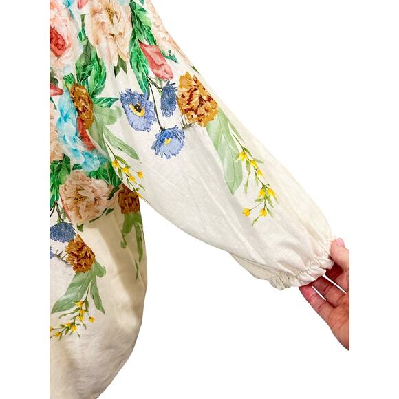 Kaktus Italy 100% Linen Floral Notched V Ruffle Neck Tunic Top Womens Large - Picture 6 of 9